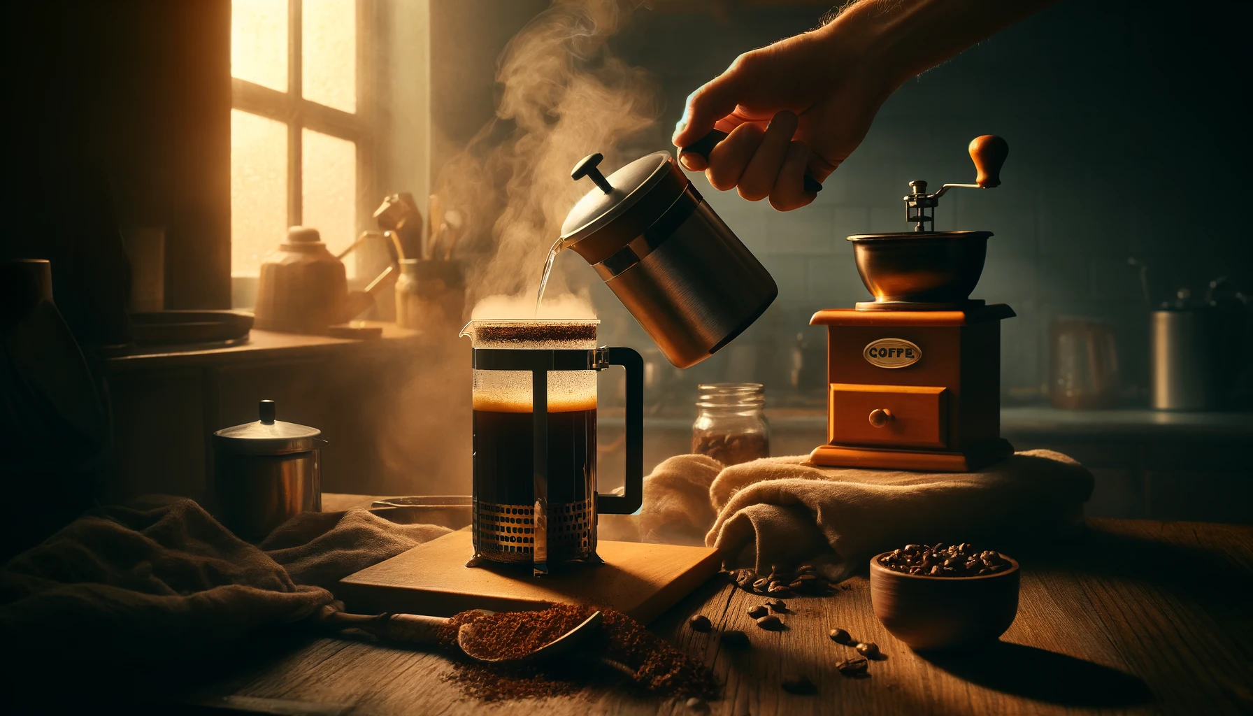 A hand pouring hot water into a French press on a kitchen counter, accompanied by a coffee grinder and scattered coffee beans. The scene is bathed in warm, cozy morning light filtering through a window, emphasizing the steam rising from the French press and creating a tranquil coffee-making atmosphere.