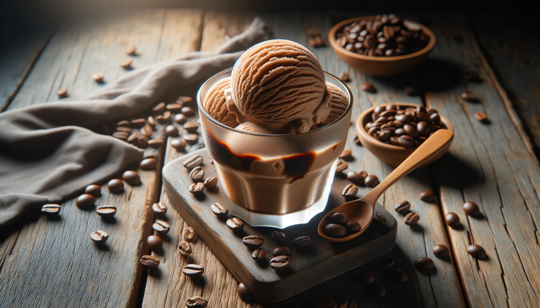 A scoop of coffee ice cream in a glass cup, set on a rustic wooden table, surrounded by scattered coffee beans. The scene is bathed in soft, natural light, which enhances the creamy texture and rich brown color of the ice cream, emphasizing the cozy and inviting atmosphere.