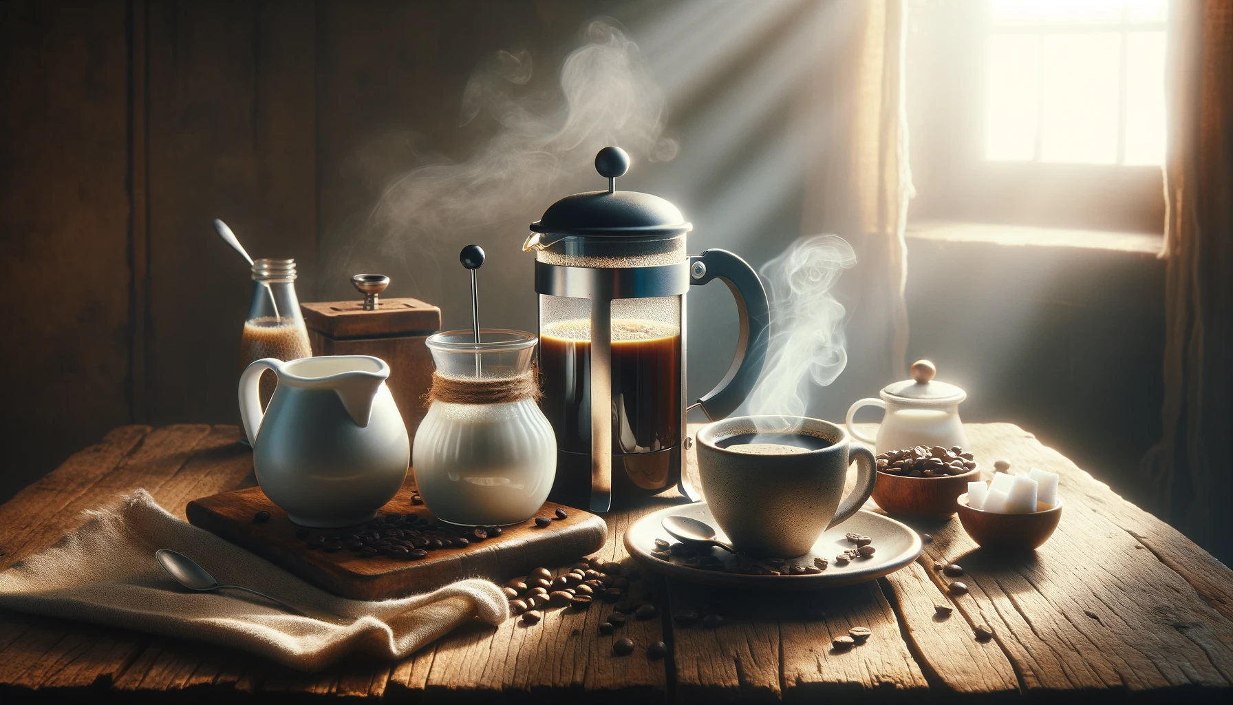 A rustic breakfast setting with a steaming cup of coffee next to a French press, fresh coffee beans, a milk jug, and a sugar bowl on a wooden table, illuminated by the soft glow of morning light streaming through a window.