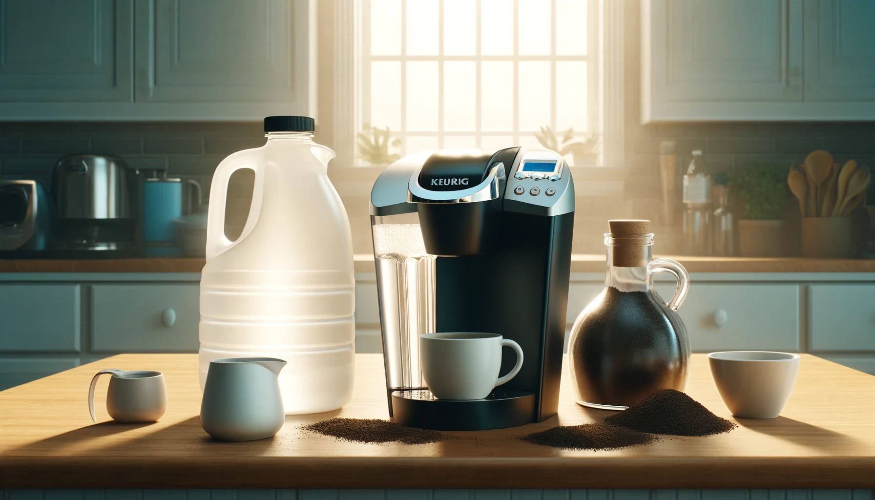 A well-lit kitchen scene displaying a Keurig coffee maker on a counter, with a large jug of white vinegar to one side and a sleek water pitcher to the other. In the foreground, a cup is filled with used coffee grounds, set among natural bright light suggesting a morning cleaning routine.