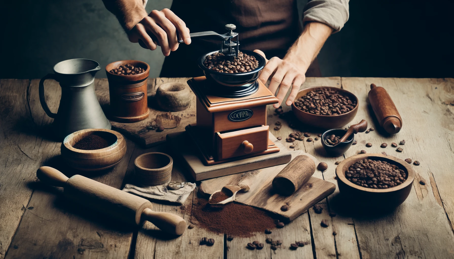 A person using a manual coffee grinder on a rustic wooden kitchen table, surrounded by scattered coffee beans, a wooden rolling pin, and a mortar and pestle, illustrating the traditional process of coffee preparation in a cozy, artisanal setting.