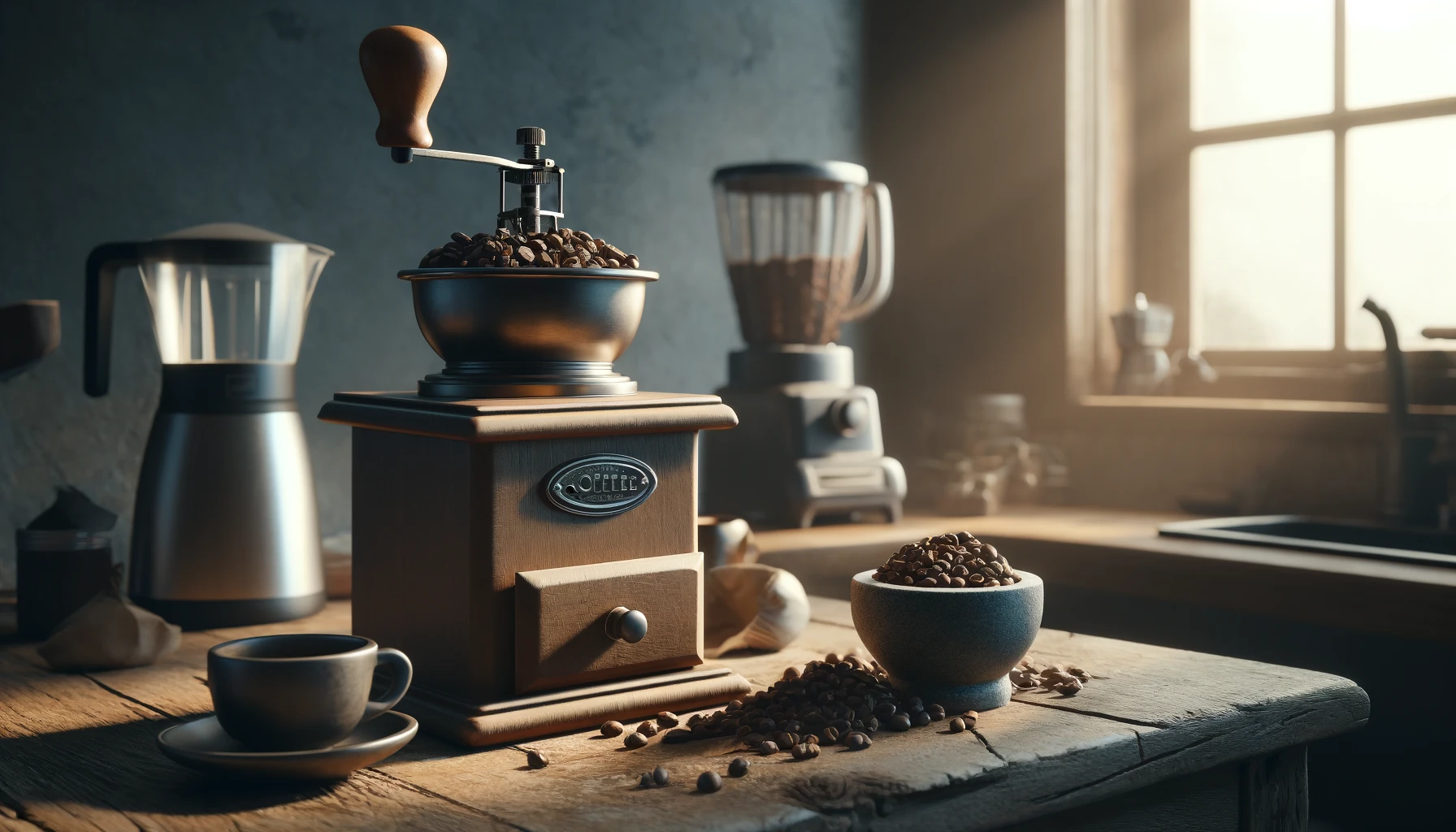 A rustic kitchen counter adorned with a manual coffee grinder and a mortar and pestle next to fresh coffee beans, with a blender subtly positioned in the background. The scene is bathed in soft morning light that highlights the antique textures of the kitchen tools, creating a warm and inviting atmosphere.